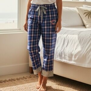 MLB Chicago Cubs Plaid Pajama Pants Blue Silver Metallic Crop Lounge Large